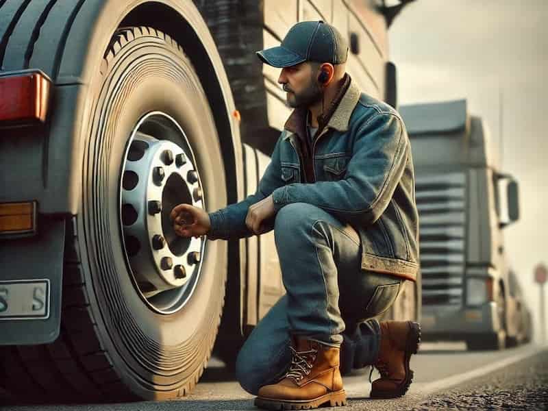 camionero mira de cerca rueda de camion